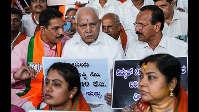 Former Karnataka chief minister BS Yediyurappa, Sadananda Gowda, BJP state President Nalin Kumar Kateel and others during a protest against the state government in Bengaluru on Tuesday. (PTI)