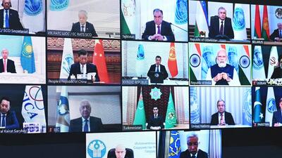 Leaders of states and officials of the Shanghai Cooperation Organisation (SCO) are seen on a screen during a summit via a video conference at the Kremlin in Moscow (via REUTERS) Leaders of states and officials of the Shanghai Cooperation Organisation (SCO) are seen on a screen during a summit via a video conference at the Kremlin in Moscow (via REUTERS)
