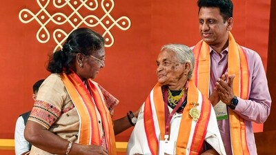 President Droupadi Murmu in Chikkaballapur district, Karnataka on Monday. (PTI)