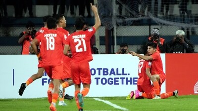 Indian team players celebrate a goal by Lallianzuala Chhangte against Kuwait during the final football match of SAFF Championship 2023 at Kanteerava Stadium, in Bengaluru (PTI)