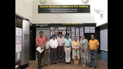 Punjab Agricultural University VC Satbir Singh Gosal along with the deans of other constituent colleges at the Alumni Relations Centre & and Pro Gallery on Tuesday. (HT Photo)