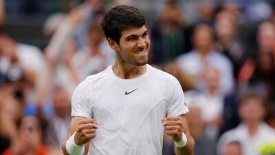 Spain’s Carlos Alcaraz celebrates winning his first round match against France’s Jeremy Chardy (REUTERS)
