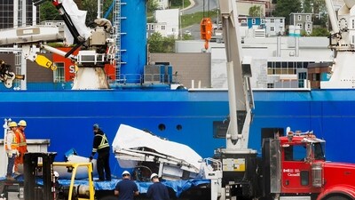 A view of the Horizon Arctic ship, as salvaged pieces of the Titan submersible from OceanGate Expeditions are returned, in St. John's harbour, Newfoundland, Canada June 28, 2023 (REUTERS/David Hiscock) (REUTERS)