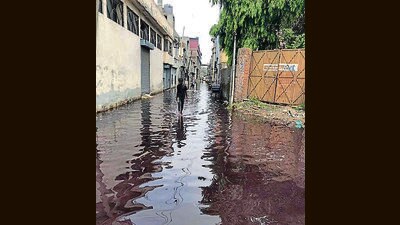 The road at Narinder Nagar near Samrala Chowk was inundated with industrial waste on Tuesday. (Gurpreet Singh/HT) The road at Narinder Nagar near Samrala Chowk was inundated with industrial waste on Tuesday. (Gurpreet Singh/HT)