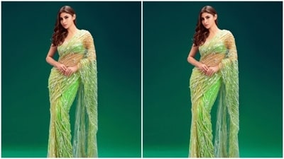 Mouni decked up in the sheer pastel saree with silver zari work and yellow embellishments at the borders. In a green sleeveless blouse, Mouni completed her look. (Instagram/@imouniroy) Mouni decked up in the sheer pastel saree with silver zari work and yellow embellishments at the borders. In a green sleeveless blouse, Mouni completed her look. (Instagram/@imouniroy)