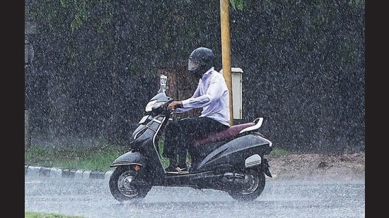 A scooterist caught in the showers on the Sector 33-45 dividing road in Chandigarh. (Keshav Singh/HT)