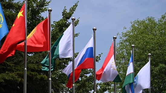 Flags flutter at the headquarters of the Shanghai Cooperation Organisation in Beijing on July 4, 2023. India will host the Shanghai Cooperation Organisation, with Iran expected to join the Asian grouping and Russian President Vladimir Putin addressing his first summit since a short-lived mutiny, officials said. (AFP)