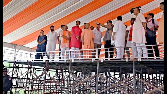 Chief minister Yogi Adityanath inspects the venue for PM Modi’s public rally on July 7. (HT Photo)