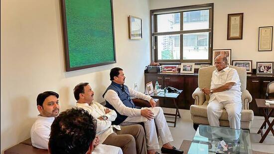 NCP chief Sharad Pawar in a meeting with Maharashtra Pradesh Congress Committee President Nana Patole and others, at YB Chavan Center in Mumbai, Tuesday, July 4, 2023. (PTI Photo)(PTI07_04_2023_000089A) (PTI)