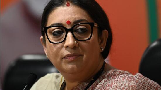 New Delhi, India - June 23, 2023: Union Minister Smriti Irani address a press conference at BJP HQ, in New Delhi, India, on Friday, June 23, 2023. (Photo by Vipin Kumar/ Hindustan Times) (Hindustan Times)