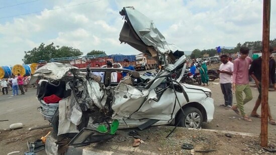Maharashtra's Dhule accident: A container hit several vehicles and later got overturned. (ANI)