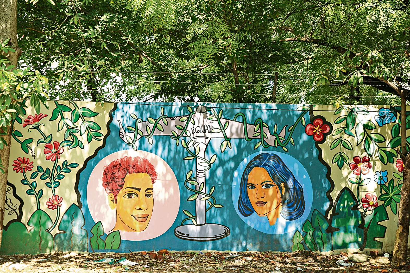The boundary wall of Suncity School in Gurugram advocates for equal rights for all genders. Some youngsters from the school had also joined in to paint this mural. (Photo: Raajessh Kashyap/HT) The boundary wall of Suncity School in Gurugram advocates for equal rights for all genders. Some youngsters from the school had also joined in to paint this mural. (Photo: Raajessh Kashyap/HT)