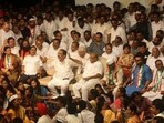 NCP chief Sharad Pawar with party leader Jayant Patil and others during the party meeting at Y B Chavan Centre in Mumbai, 