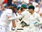 England's Stuart Broad chats with Australia's Marnus Labuschagne (centre) and Alex Carey