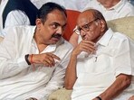 NCP chief Sharad Pawar with party leader Jayant Patil during the party meeting at Y B Chavan centre, in Mumbai, Wednesday, July 5, 2023. NCP chief Sharad Pawar with party leader Jayant Patil during the party meeting at Y B Chavan centre, in Mumbai, Wednesday, July 5, 2023.