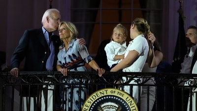 President Joe Biden kisses first lady Jill Biden during a fireworks show at a Fourth of July celebration at the White House in Washington, Tuesday, July 4, 2023. (AP Photo/Susan Walsh) (AP) President Joe Biden kisses first lady Jill Biden during a fireworks show at a Fourth of July celebration at the White House in Washington, Tuesday, July 4, 2023. (AP Photo/Susan Walsh) (AP)