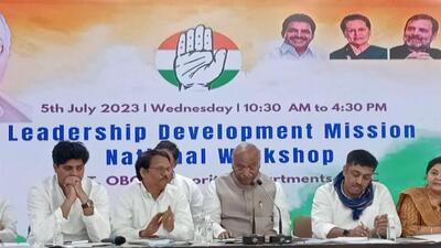 Congress president Mallikarjun Kharge inaugurated the Leadership Development Mission National Workshop at AICC headquarters. (Twitter/@CongressSevadal) Congress president Mallikarjun Kharge inaugurated the Leadership Development Mission National Workshop at AICC headquarters. (Twitter/@CongressSevadal)
