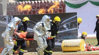 Fire services personnel take part in a mock drill during the fire service week at Reserve Police Line in Dehradun on April 15. (PTI File) Fire services personnel take part in a mock drill during the fire service week at Reserve Police Line in Dehradun on April 15. (PTI File)