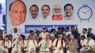 Maharashtra Deputy CM Ajit Pawar along with his faction NCP leaders Praful Patel, Chhagan Bhujbal and others during the meeting of his faction of NCP leaders, in Mumbai on Wednesday. (Agencies) Maharashtra Deputy CM Ajit Pawar along with his faction NCP leaders Praful Patel, Chhagan Bhujbal and others during the meeting of his faction of NCP leaders, in Mumbai on Wednesday. (Agencies)
