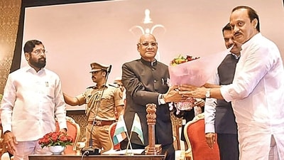 Maharashtra deputy chief minister Ajit Pawar was sworn in by state governor Ramesh Bais in Mumbai on Sunday. (ANI) Maharashtra deputy chief minister Ajit Pawar was sworn in by state governor Ramesh Bais in Mumbai on Sunday. (ANI)