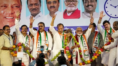 \Maharashtra Deputy Chief Minister Ajit Pawar with NCP leaders Praful Patel, Chhagan Bhujbal and others during the meeting of Ajit Pawar-led NCP, in Mumbai. (PTI) \Maharashtra Deputy Chief Minister Ajit Pawar with NCP leaders Praful Patel, Chhagan Bhujbal and others during the meeting of Ajit Pawar-led NCP, in Mumbai. (PTI)
