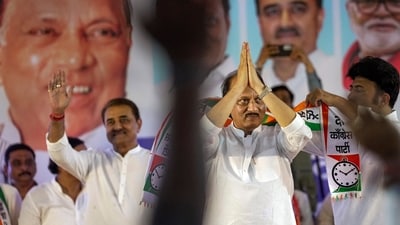 Maharashtra deputy chief minister and NCP leader Ajit Pawar and senior leader Praful Patel during the party meeting at MET Bandra in Mumbai on Wednesday, (PTI) Maharashtra deputy chief minister and NCP leader Ajit Pawar and senior leader Praful Patel during the party meeting at MET Bandra in Mumbai on Wednesday, (PTI)