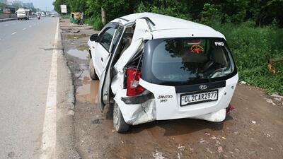 The car after the crash on Wednesday. (Parveen Kumar/HT) The car after the crash on Wednesday. (Parveen Kumar/HT)