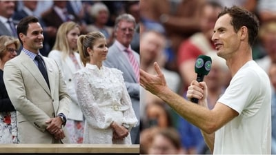 Andy Murray joked about Roger Federer's presence in his Wimbledon opener. Andy Murray joked about Roger Federer's presence in his Wimbledon opener.