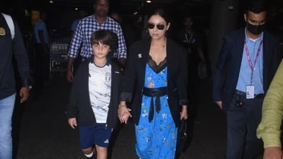 Shah Rukh Khan's wife and interior designer Gauri Khan was seen with son Abram Khan at the Mumbai airport Wednesday morning. They accompanied Shah Rukh from Los Angeles. (Varinder Chawla) Shah Rukh Khan's wife and interior designer Gauri Khan was seen with son Abram Khan at the Mumbai airport Wednesday morning. They accompanied Shah Rukh from Los Angeles. (Varinder Chawla)