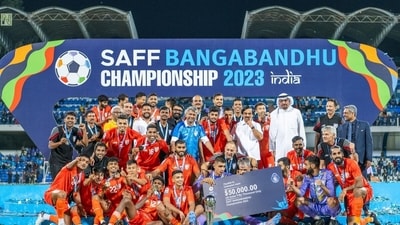 The victorious Indian football team after winning the SAFF Championship 2023. (AIFF) The victorious Indian football team after winning the SAFF Championship 2023. (AIFF)