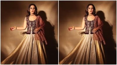 Hina played muse to fashion designer Anju Modi and picked a pastel gown with an overcoat from the shelves of the designer. (Instagram/@realhinakhan) Hina played muse to fashion designer Anju Modi and picked a pastel gown with an overcoat from the shelves of the designer. (Instagram/@realhinakhan)