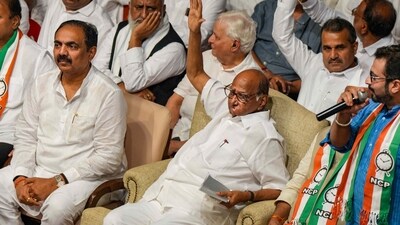 NCP chief Sharad Pawar with party leader Jayant Patil and others during the party meeting at Y B Chavan centre, in Mumbai, Wednesday, July 5, 2023, (PTI) NCP chief Sharad Pawar with party leader Jayant Patil and others during the party meeting at Y B Chavan centre, in Mumbai, Wednesday, July 5, 2023, (PTI)