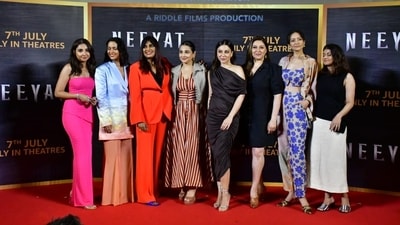 The female members of the cast of Neeyat, a muder mystery, at a press conference ahead of the film release on July 7. Among the cast are Vidya Balan, Shahana Goswami, Dipannita Sharma, Amrita Puri, Prajakta Koli and Niki Aneja Walia. (Varinder Chawla) The female members of the cast of Neeyat, a muder mystery, at a press conference ahead of the film release on July 7. Among the cast are Vidya Balan, Shahana Goswami, Dipannita Sharma, Amrita Puri, Prajakta Koli and Niki Aneja Walia. (Varinder Chawla)