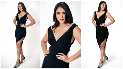 Mrunal Thakur's glamorous avatar in a black thigh-high slit dress is the perfect blend of fashion and elegance. (Instagram/@mrunalthakur) Mrunal Thakur's glamorous avatar in a black thigh-high slit dress is the perfect blend of fashion and elegance. (Instagram/@mrunalthakur)
