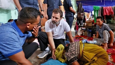 Congress leader Rahul Gandhi meets a family affected by Manipur violence, at Moirang, in Bishnupur on Friday. (AICC) Congress leader Rahul Gandhi meets a family affected by Manipur violence, at Moirang, in Bishnupur on Friday. (AICC)