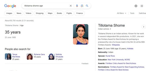 A screenshot of the search results for Tillotama Shome's age on Google. A screenshot of the search results for Tillotama Shome's age on Google.