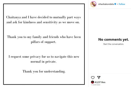 Niharika Konidela's statement on her divorce from Chaitanya Jonnalagadda. Niharika Konidela's statement on her divorce from Chaitanya Jonnalagadda.