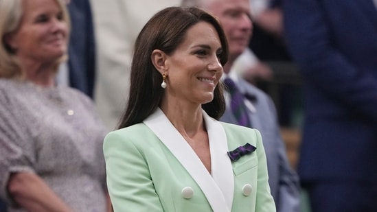 Britain's Kate, Princess of Wales in the Royal Box on Centre Court on day two of the Wimbledon tennis championships in London, Tuesday, July 4, 2023. (AP Photo/Alberto Pezzali) (AP)