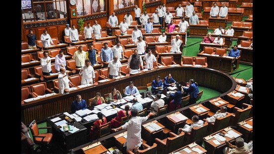 Karnataka deputy chief minister D K Shivakumar speaks during the state assembly session, at Vidhana Soudha in Bengaluru on Tuesday. (PTI)