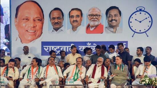 Maharashtra Deputy CM Ajit Pawar along with his faction NCP leaders Praful Patel, Chhagan Bhujbal and others during the meeting of his faction of NCP leaders, in Mumbai on Wednesday. (Agencies)