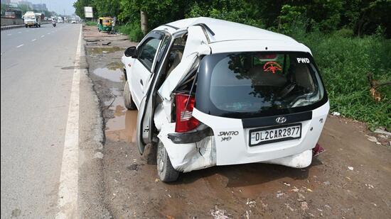 The car after the crash on Wednesday. (Parveen Kumar/HT)