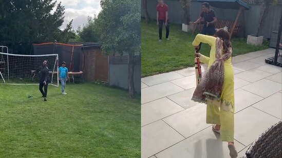 Woman striking the ball delivered to her by Younis Khan. (Twitter/@SamaraAfzal)