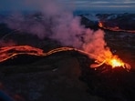 Iceland Earthquakes: Lava flows from two fissures from a volcano near along the Fagradalsfjall on the Reykjanes Peninsula in Iceland.