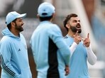 India captain Rohit Sharma (L) and Virat Kohli during a practice session ahead of WTC final against Australia