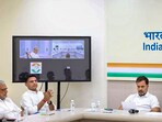 Congress president Mallikarjun Kharge with party leaders Rahul Gandhi and Sachin Pilot during a meeting on Rajasthan, in New Delhi. (PTI)