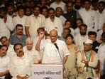 NCP chief Sharad Pawar with party leader Jayant Patil and others during the party meeting at Y B Chavan Centre,, at Nariman Point, in Mumbai, India, on Wednesday, July 05, 2023. (Photo by Bhushan Koyande/HT Photo) NCP chief Sharad Pawar with party leader Jayant Patil and others during the party meeting at Y B Chavan Centre,, at Nariman Point, in Mumbai, India, on Wednesday, July 05, 2023. (Photo by Bhushan Koyande/HT Photo)