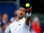 Serbia's Novak Djokovic about to serve.