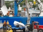 A view of the Horizon Arctic ship, as salvaged pieces of the Titan submersible from OceanGate Expeditions are returned, in St. John's harbour, Newfoundland, Canada June 28, 2023 (REUTERS/David Hiscock)