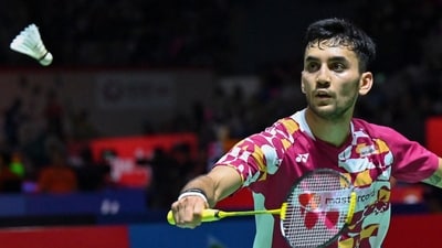 Lakshya Sen of India hits a return (AFP)
