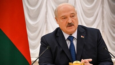 Belarus' President Alexander Lukashenko speaks as he meets with foreign media at his residence, the Independence Palace, in the capital Minsk on July 6, 2023. (AFP)